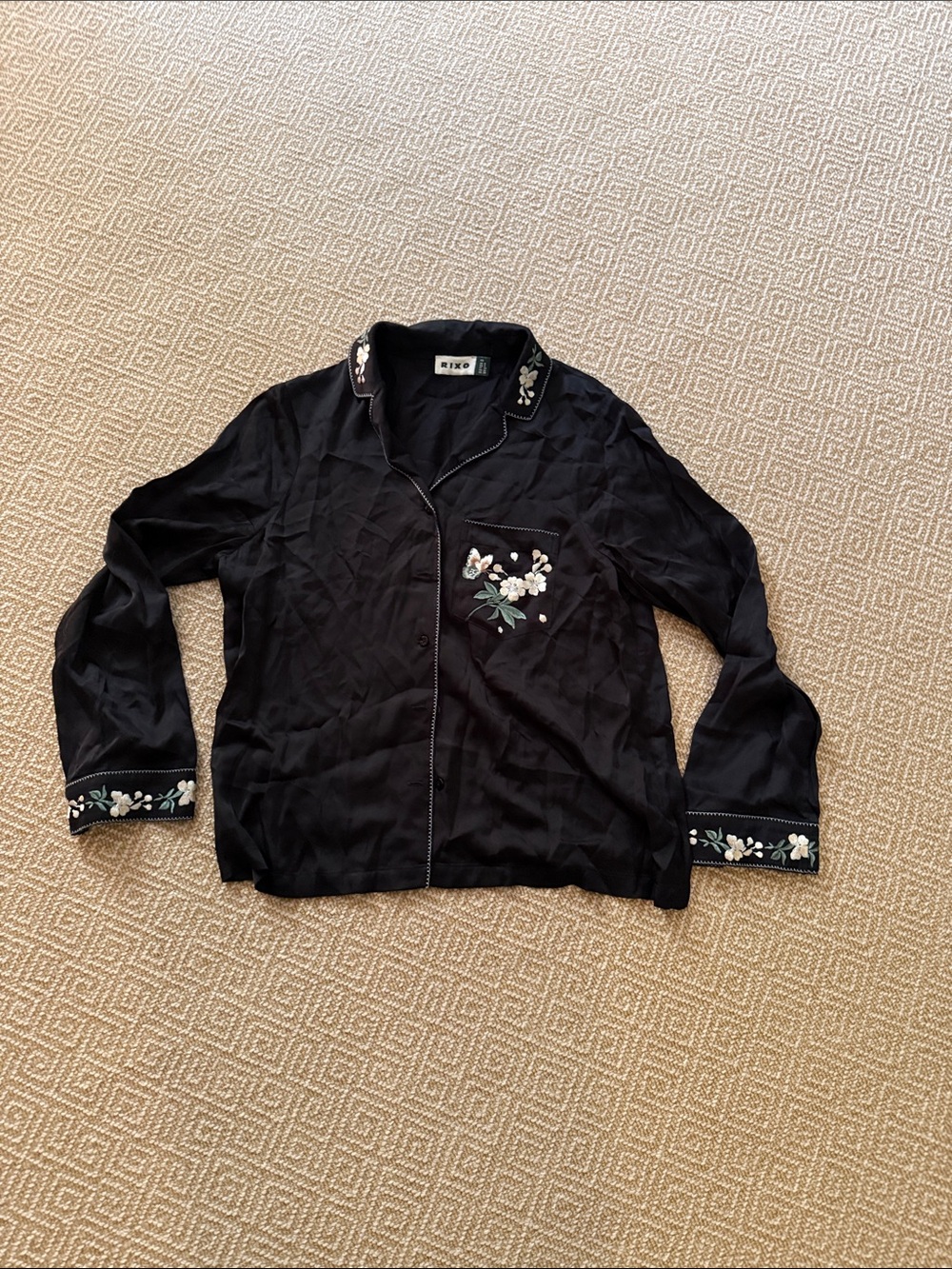 RIXO Black Embroidered Floral Blouse